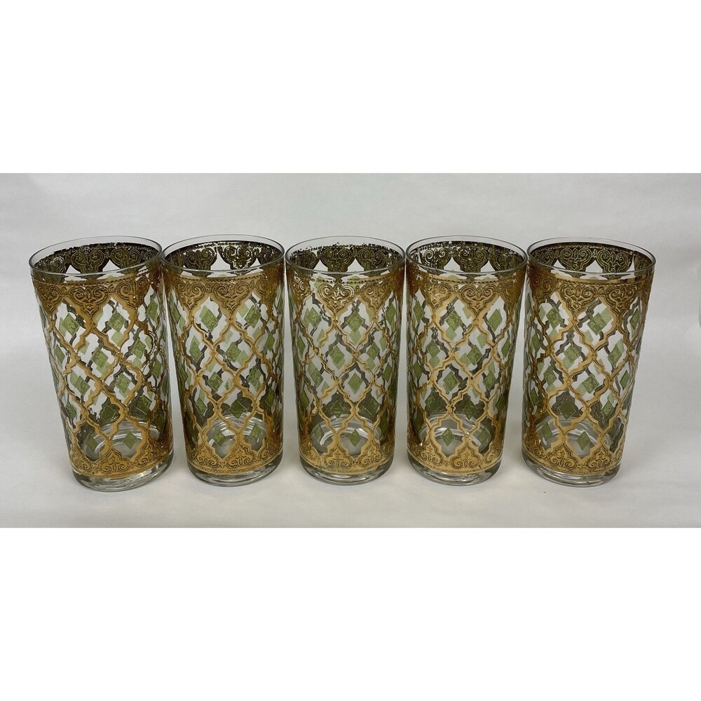 Set of 5 MCM Culver Valencia Green 22k Gold Highball Drinking Glasses Signed